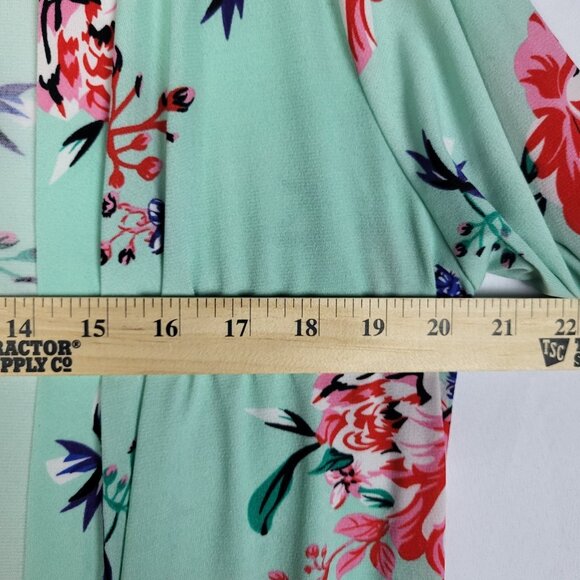 Tickled Teal Floral Cardigan Women's Large Green Pink Long Lines Pockets Boho - Picture 8 of 9